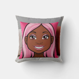 Sourire Coussin de fille aux cheveux roses 3D