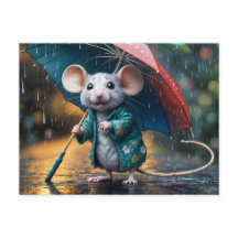 Souris avec carte postale parapluie