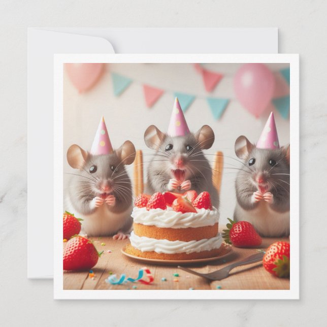 Souris avec casquettes de fête, invitation d'anniv (Devant)
