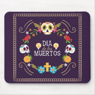 Souris Crânes florales colorées Dia de Muertos Tapis de
