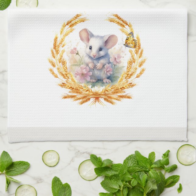 Souris mignonne avec serviette de cuisine Blé Blan (Plié)