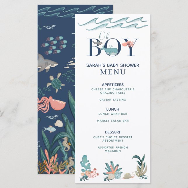 Sous la mer bleu aquarelle Oh Boy Shower Menu (Devant / Derrière)