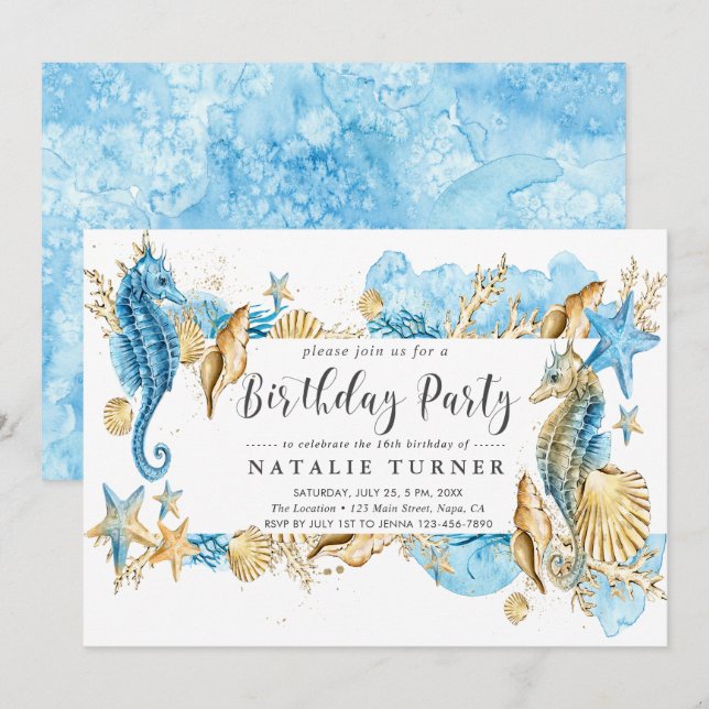 Sous la mer Bleu or fête d'anniversaire Invitation (Devant / Derrière)