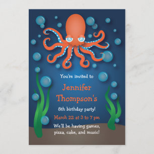 Sous la mer Orange Octopus Invitations d'anniversa