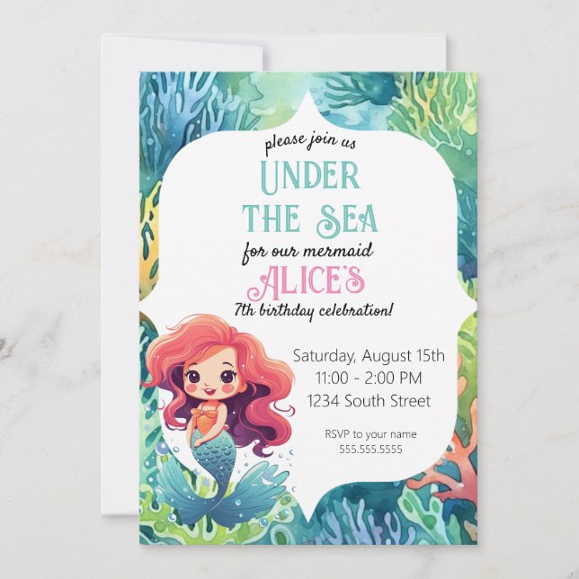 Sous la mer Petite Sirène Invitation Anniversaire (Devant)