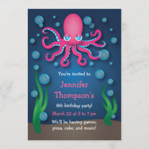 Sous la mer Pink Octopus Invitations d'anniversair
