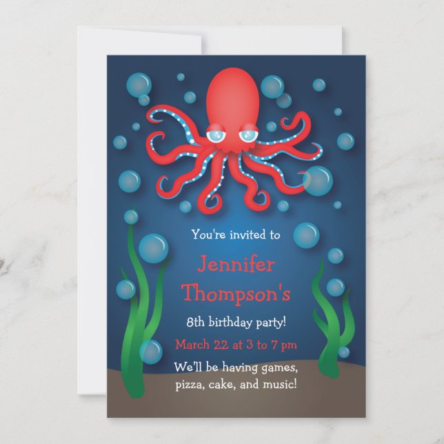 Sous la mer Rouge Octopus Invitations d'anniversai (Devant)