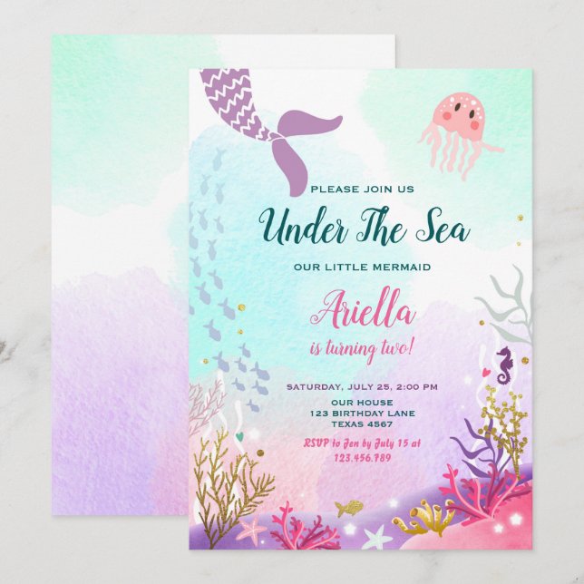 Sous la mer Sirène Anniversaire Invitation violet (Devant / Derrière)
