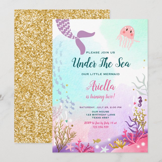 Sous la mer Sirène Anniversaire Invitation violett (Devant / Derrière)
