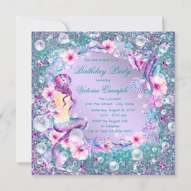 Sous la mer Sirène Anniversaire Invitations (Devant)