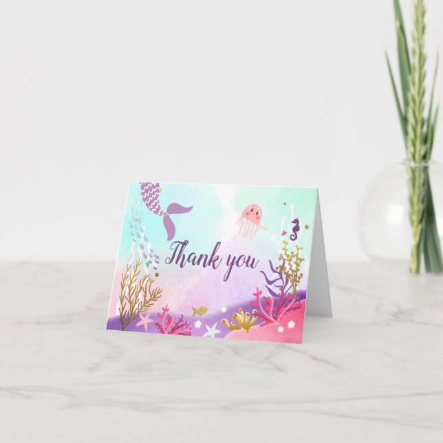 Sous la mer Sirène Carte de remerciements rose pou (Devant)