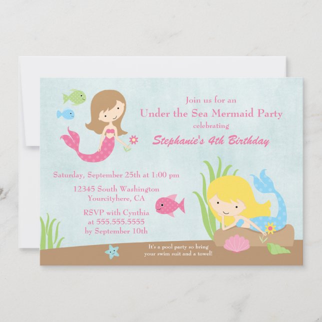 Sous la mer sirène invitation de fête d'anniversai (Devant)