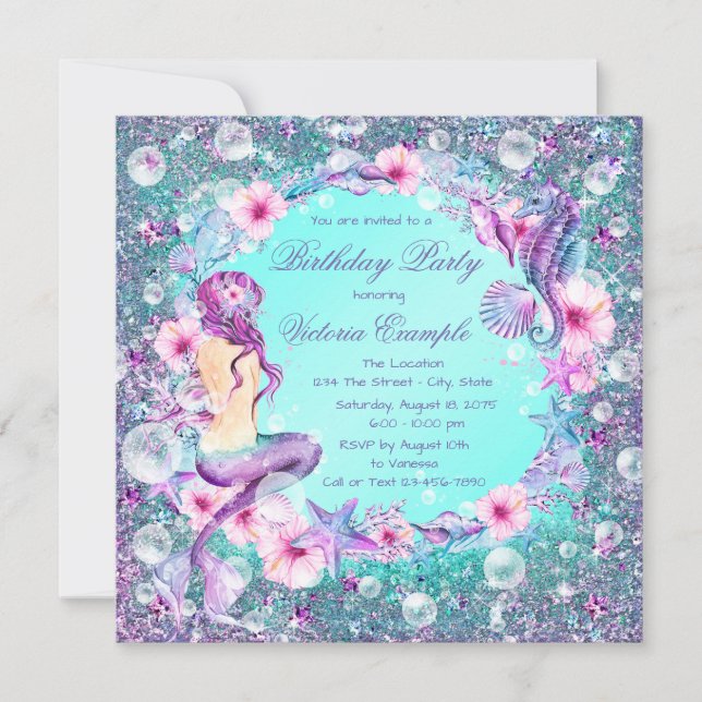 Sous la mer Sirène Invitations d'anniversaire (Devant)
