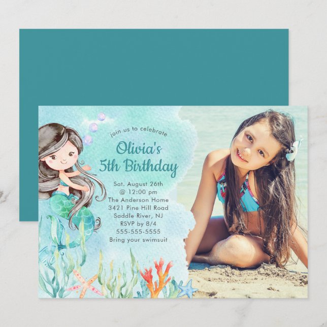 Sous la mer Sirène photo Anniversaire Invitation (Devant / Derrière)