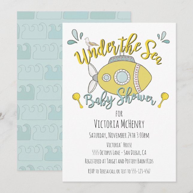 Sous la mer Sous-marin Baby Shower Invitations (Devant / Derrière)