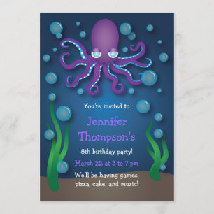 Sous la mer violet Octopus Invitations d'anniversa