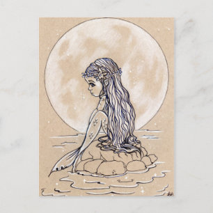 Sous la pleine lune petite carte postale de sirène