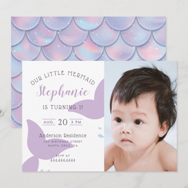 Sous La Sirène De Mer Invitation Anniversaire (Devant / Derrière)