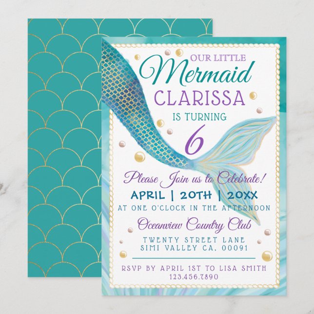 Sous La Sirène De Mer Invitation Anniversaire (Devant / Derrière)