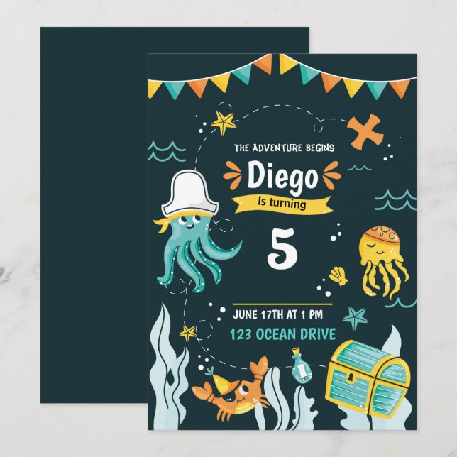 Sous Le Pirate De Mer Invitation Anniversaire (Devant / Derrière)