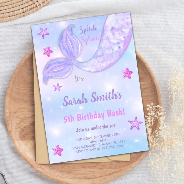 Sous les invitations à la fête d'anniversaire de l (Mermaid Birthday Invitations under the sea)