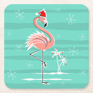 Sous-verre carré à rayures de flamant rose de Noël