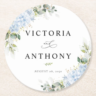 Sous-verre rond de mariage floral à l'hortensia bl