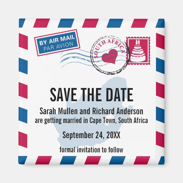 South Africa Air Mail Wedding Save the Date Magnet (Front)