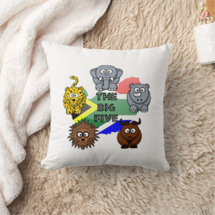 South Africa Big Five Safari Animal Cartoon Design Throw Pillow
