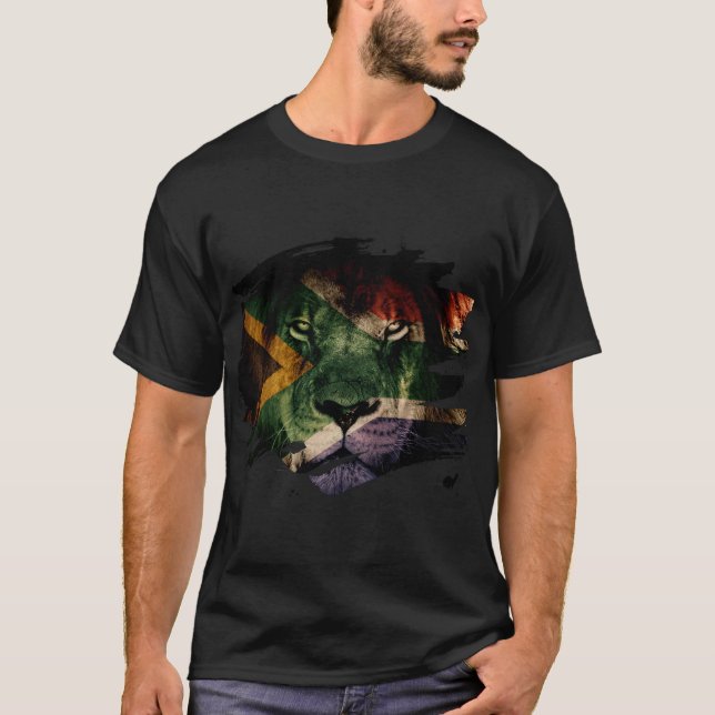 South Africa Flag & African Lion Picture T-Shirt (Front)