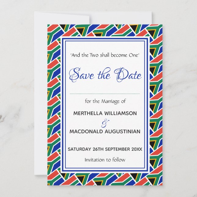 SOUTH AFRICA FLAG Customized Scripture Stylish Save The Date (Front)