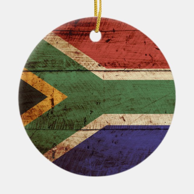 South Africa Flag on Old Wood Grain Ceramic Ornament (Front)