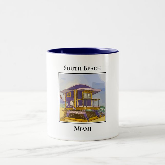 South Beach Miami Florida Lifeguard Tower Two-Tone Coffee Mug (Center)