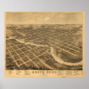South Bend Indiana 1874 Antique Panoramic Map Poster