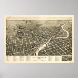 South Bend Indiana 1890 Antique Panoramic Map Poster