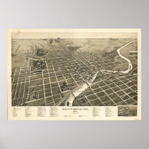 South Bend Indiana 1890 Antique Panoramic Map Poster