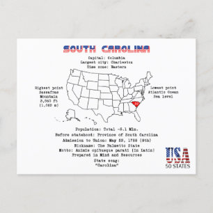 South Carolina American state on a map and details Holiday Postcard