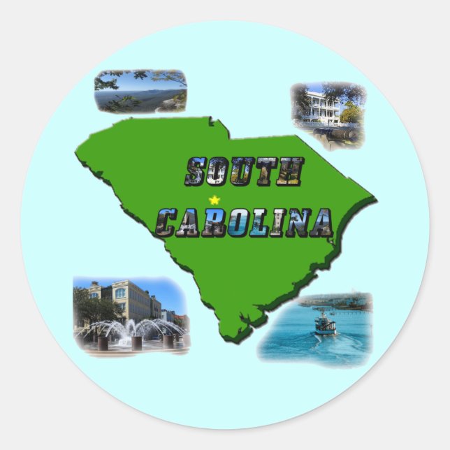 South Carolina Map, Photos and Text Classic Round Sticker (Front)