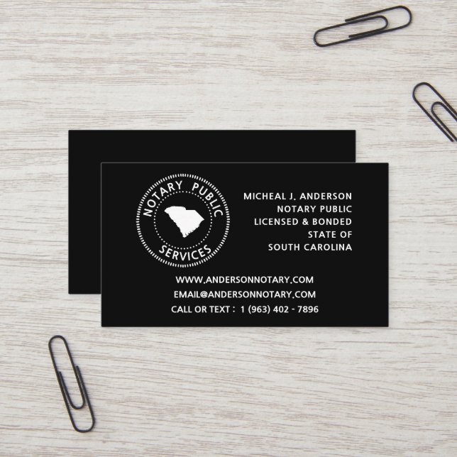 South Carolina Notary Public Services Business Card (Front/Back In Situ)