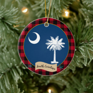 South Carolina, Red buffalo plaid, Carolina Flag Ceramic Ornament
