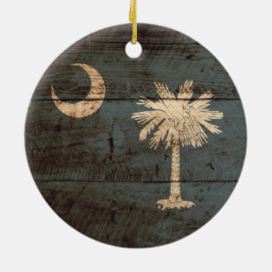 South Carolina State Flag on Old Wood Grain Ceramic Ornament