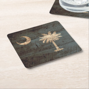 South Carolina State Flag on Old Wood Grain Square Paper Coaster