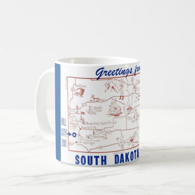 South Dakota Blue & White Postcard Map Mug (Front Left)