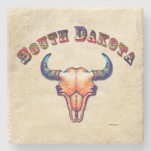 South Dakota Buffalo Skull Leather Look Stone Coaster