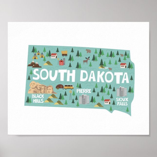 South Dakota Icon Landmarks Map Poster (Front)