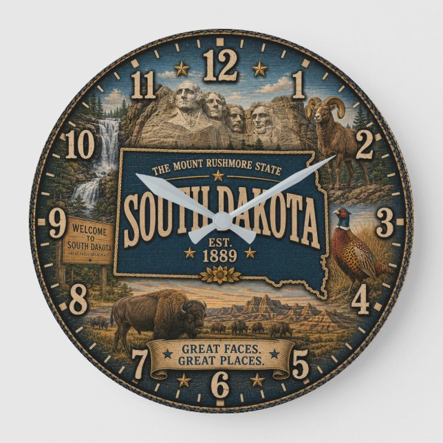 South Dakota Mount Rushmore Rustic Wall Art Large Clock (Front)