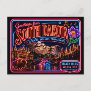 South Dakota Neon State Retro Vintage Postcard