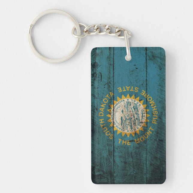 South Dakota State Flag on Old Wood Grain Keychain (Front)