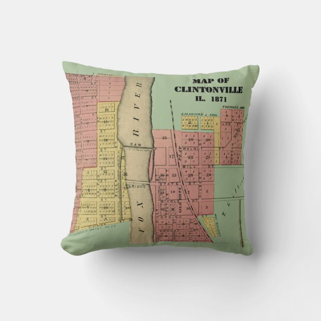 South Elgin Illinois Clintonville Map Art 1871 Throw Pillow (Front)