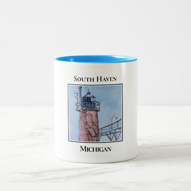South Haven Michigan Lighthouse Two-Tone Coffee Mug (Center)